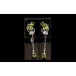Peridot Cluster and Briolette Drop Earrings, pear cut peridots and platinum vermeil and silver