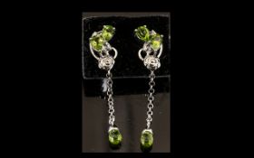 Peridot Cluster and Briolette Drop Earrings, pear cut peridots and platinum vermeil and silver