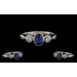 18ct White Gold - Attractive Sapphire and Diamond 3 Stone Dress Ring From the 1950's.