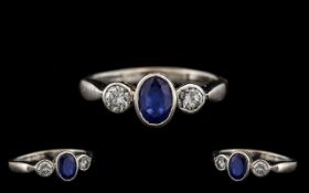 18ct White Gold - Attractive Sapphire and Diamond 3 Stone Dress Ring From the 1950's.