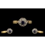 9ct Gold Dress Ring Central Sapphire Surrounded By 8 Round Cut Diamonds, Fully Hallmarked, Ring Size