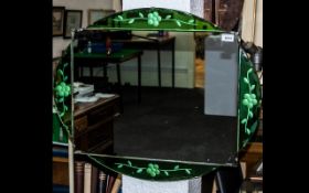 Large Art Deco Mirror of Unusual Shape, with green engraved side panels with bevelled glass edges.