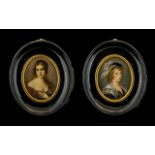 A Pair of Oval Miniatures painted on ivory depicting two women in classical poise.