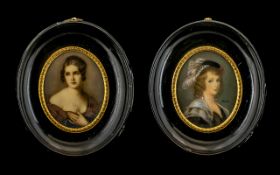 A Pair of Oval Miniatures painted on ivory depicting two women in classical poise.