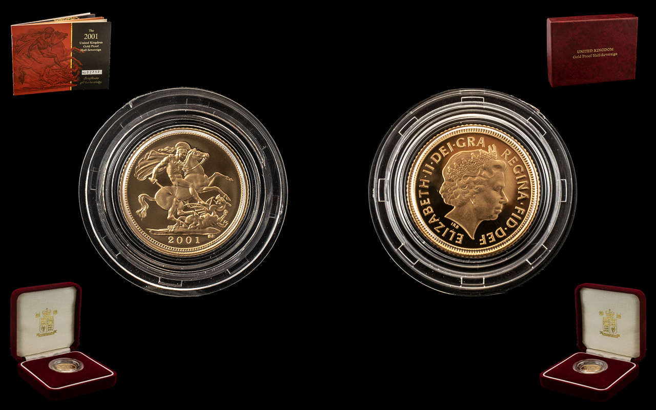 Royal Mint United Kingdom 22ct Gold Proof Struck Half Sovereign - Date 2001.