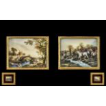 Pair of Italian Miniature Paintings on Ivory - Depicting a Village Scene with Figures by A River