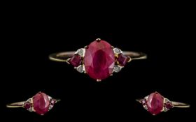 9ct Ruby Coloured and Diamond Antique Ladies Ring. Ring Size - P. Please See Image.