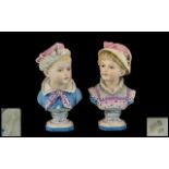 A Top Quality Pair of Late 19th Century Large and Impressive Hand Painted Bisque Pedestal Busts of