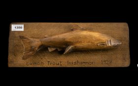 Irish Fishing Trophy Carved Wooden Fish Mounted On A Rectangular Panel,