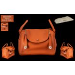 Hermes Paris - Collectors Piece - Taurillon Clemence Lindy 34 Orange Leather ( Soft ) Shoulder Bag