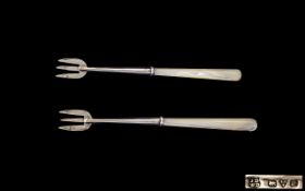 Boxed Pair of Sterling Silver and Mother of Pearl Handles Pickle Forks.