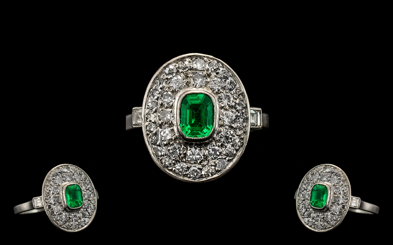 Art Deco Period Superb Quality 18ct White Gold - Emerald and Diamond Set Cluster Ring.