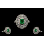 Art Deco Period Superb Quality 18ct White Gold - Emerald and Diamond Set Cluster Ring.