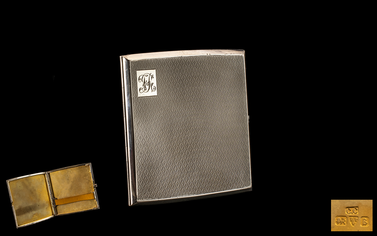 Art Deco Silver Cigarette Case Slightly Concave Square Form With Engine Turned Front And Back,