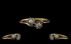 18ct Gold and Platinum Attractive Two Stone Diamond Set Ring, Marked 18ct and Platinum.