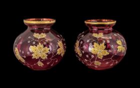 Pair of Victorian Ruby Glass Ovoid Shaped Vases, Decorated In Gilt and Enamel Colours,