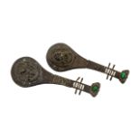 Pair of Antique Chinese Bronze Locks In The Shape of a Musical Instrument and Lock with a Phoenix