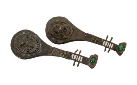 Pair of Antique Chinese Bronze Locks In The Shape of a Musical Instrument and Lock with a Phoenix