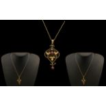 Edwardian Period Attractive 1902 - 1910 9ct Gold Ornate Open Worked Pendant Set with Garnets,