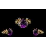 9ct Amethyst and Diamond Ring, Lovely Quality. Ring Size N.