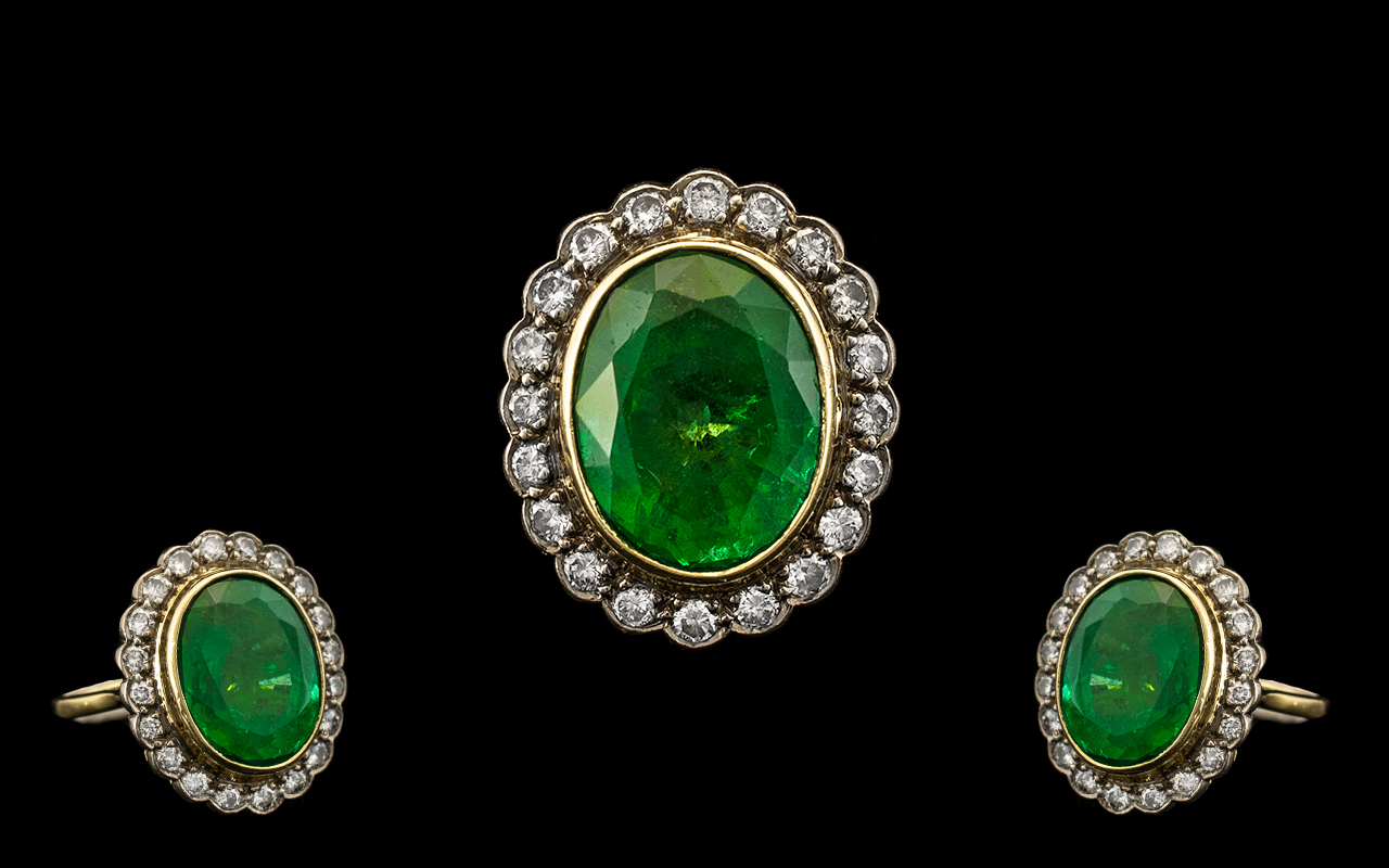 A Stunning 18ct Gold Emerald and Diamond Set Dress Ring of Top Quality, From the 1950's.