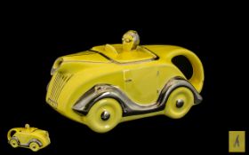 ' Sadlers ' 1930's Canary Yellow Glazed Teapot In The Shape of a Racing Car of the Period,