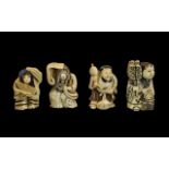 A Collection of Four Japanese Carved Ivory Netsukes comprising of two dancing girls with fans, a