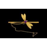 9ct Gold Dragonfly Brooch Textured Wings With Amethyst Body And Ruby Eyes, Marked 9ct.