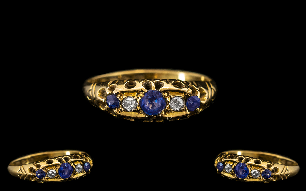 Antique Period - Attractive Sapphire and Diamond Set Ring. Marked 18ct. Ring Size - N.