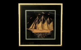 Small Picture of a Sailing Ship with ( 3 ) Masts, Glazed and Framed, Stamped to Verso. Mod 35 Berco.