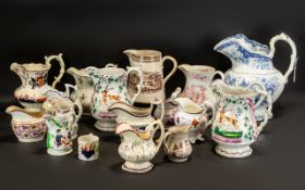 A Collection of 20 Antique Pottery Staffordshire Jugs various shapes and sizes and decorations.