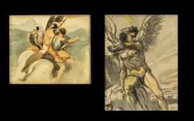 Pair of Antique Watercolour Sketches on Paper depicting horsemen and a winged man. Unsigned.