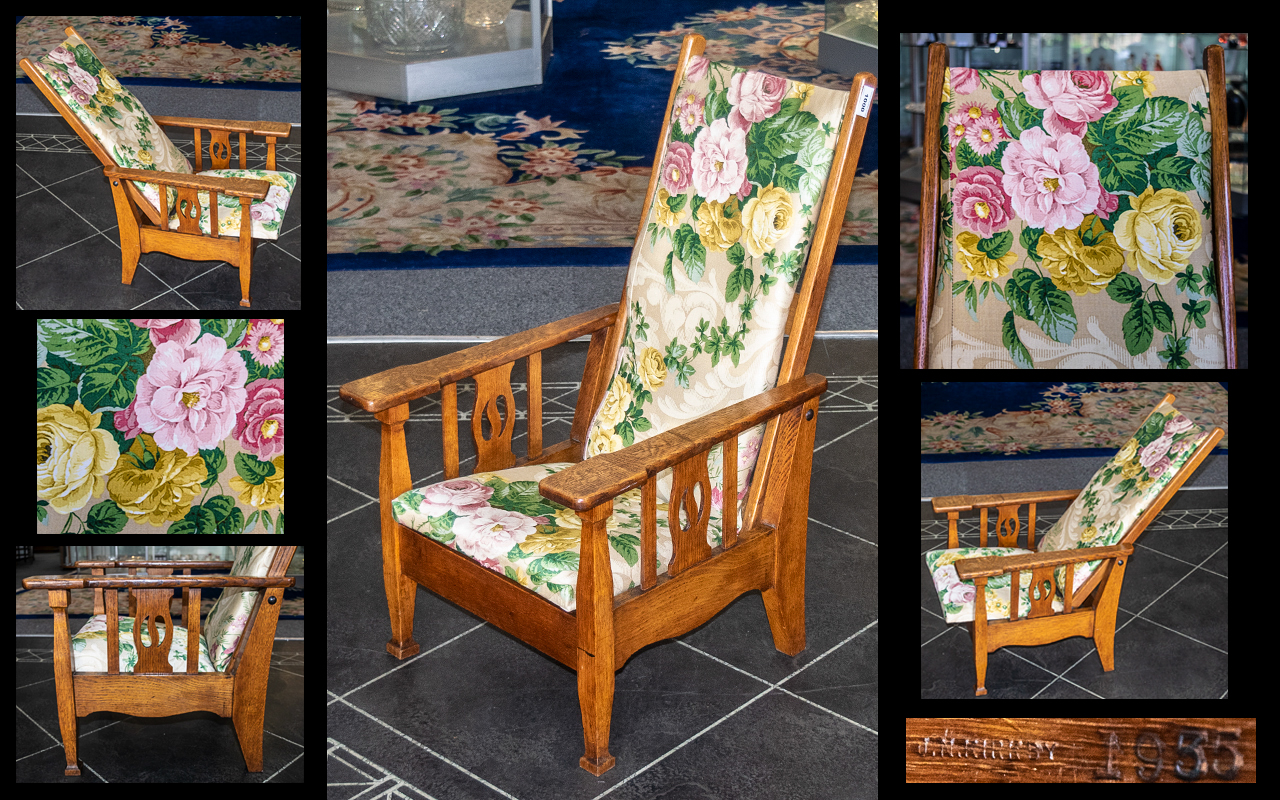 Liberty Retailed Type, Patented Arts & Crafts Child's Reclining Armchair in golden Tiger Oak,