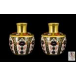 Royal Crown Derby Excellent Quality Pair of Old Imari Pattern Solid 22ct Gold Band Vases.