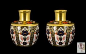 Royal Crown Derby Excellent Quality Pair of Old Imari Pattern Solid 22ct Gold Band Vases.