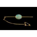 Antique Period - Attractive 15ct Gold Fire Opal Set Brooch, with Attached Safety Chain. Marked 15ct.