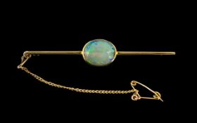 Antique Period - Attractive 15ct Gold Fire Opal Set Brooch, with Attached Safety Chain. Marked 15ct.