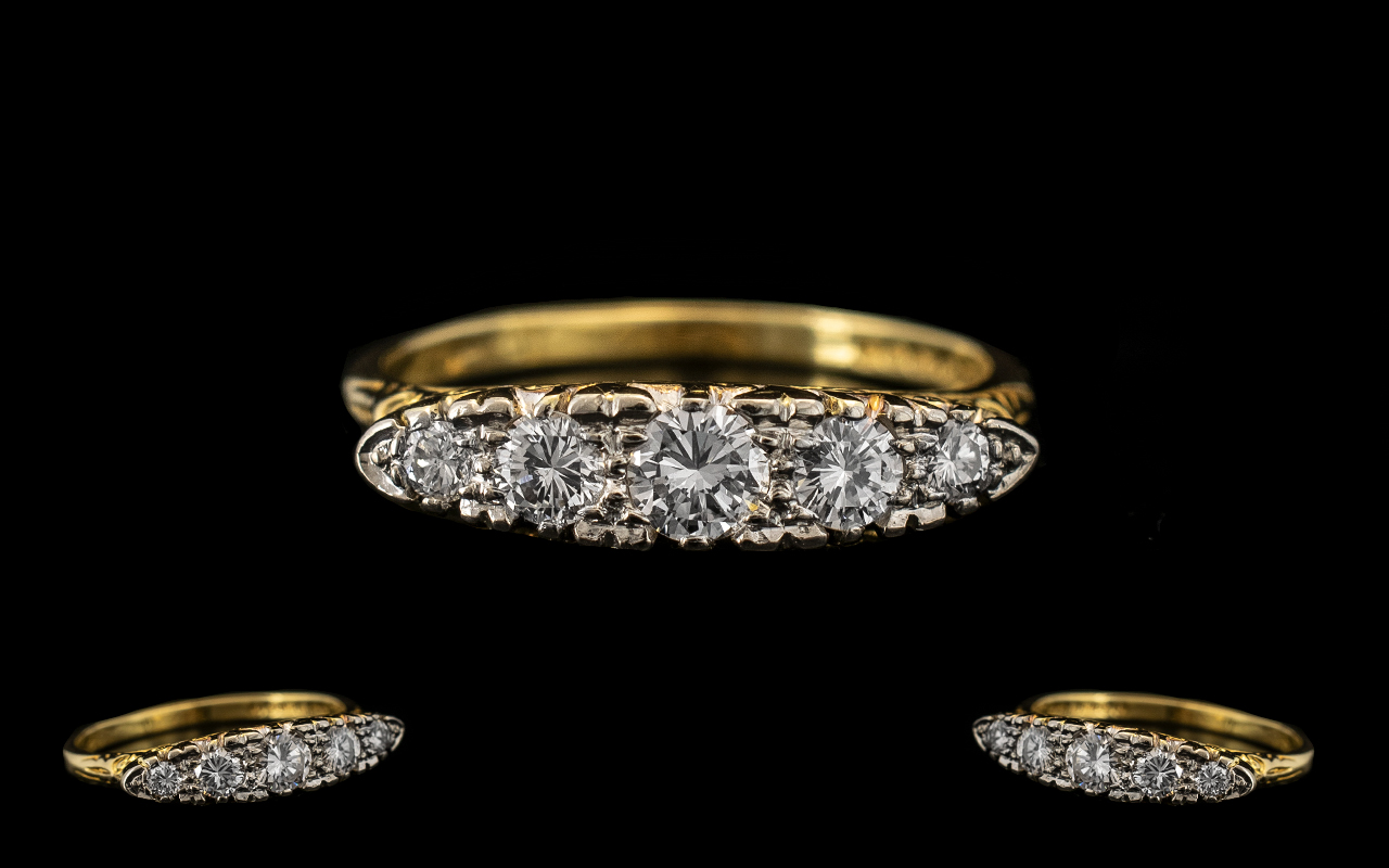 18ct Yellow Gold - Attractive 5 Stone Diamond Set Ring, Gallery Setting.