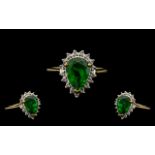 9ct Gold Dress Ring, Large Center Green Gem Stone Flanked by Diamonds. Ring Size - M.