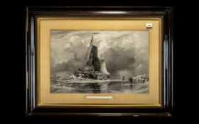 Large Victorian Glazed & Framed Print. Titled Dutch Trawlers. Overall size 28'' x 37''.