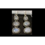 Rainbow Moonstone Triple Drop Earrings, 15cts, each earring having a pear cut cabochon to the top,