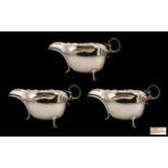 A Fine Quality Matched Trio ( Set ) of Sterling Silver Sauce Boats with Frilled Borders and Flying