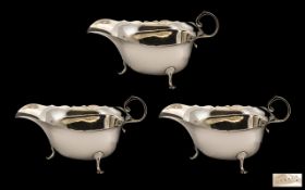 A Fine Quality Matched Trio ( Set ) of Sterling Silver Sauce Boats with Frilled Borders and Flying