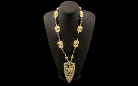 Carved Ivory African Necklace with Square Beads with Carved Elephant Pendant. 28 Inches In length.