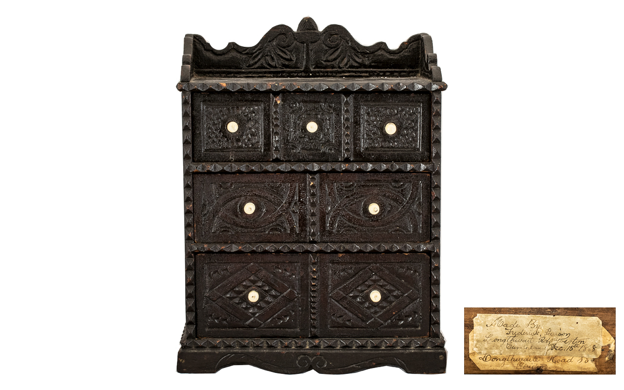 Wigton Interest, Naive Scratch Carved Antique Cumbrian Miniature Chest of Drawers with whale bone