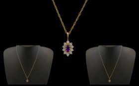 9ct Gold Diamond and Amethyst Pendant on 9ct Gold Chain. Please See Accompanying Image.