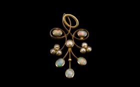 Antique Gold Floral Pendant Set With Sead Pearls And Opals, Stylised Floral Branch Setting.