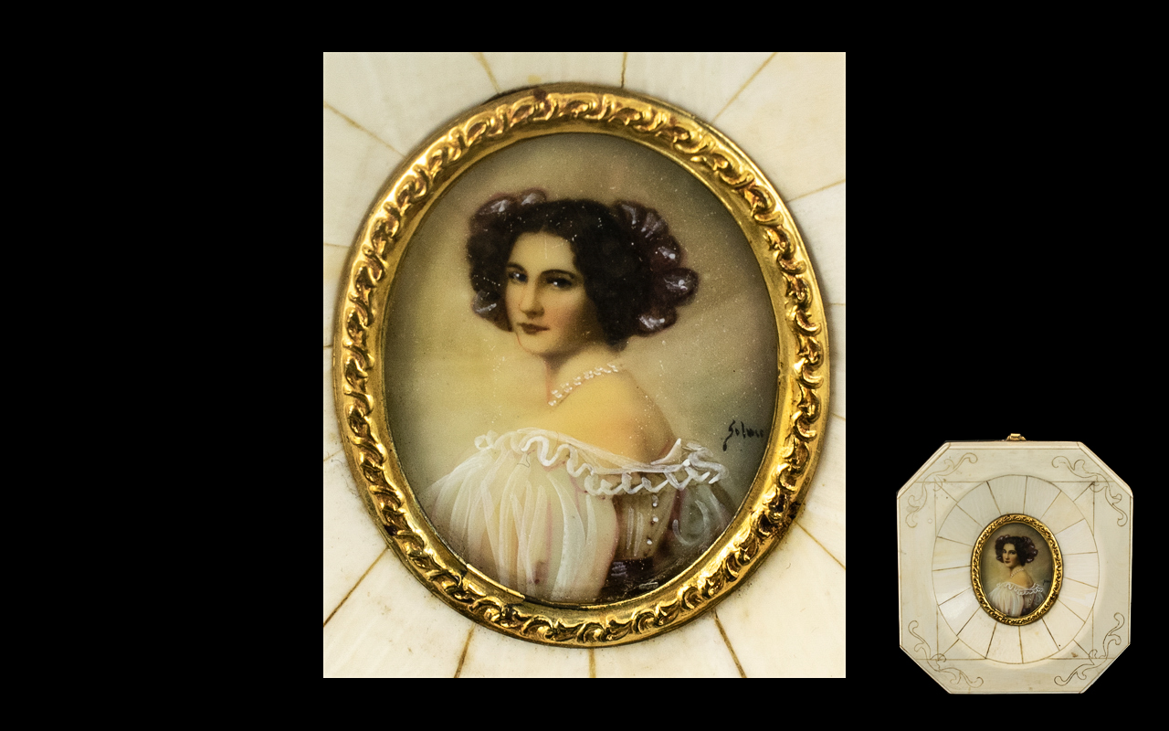 Italian Ivory Framed Miniature Painted on Ivory - Depicting a Beautiful Lady, Indistinctly Signed,