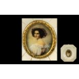 Italian Ivory Framed Miniature Painted on Ivory - Depicting a Beautiful Lady, Indistinctly Signed,