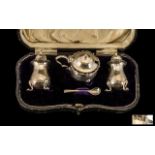 Walker and Hall Boxed ( 4 ) Piece Sterling Silver Cruet Set. Hallmark Sheffield 1926.